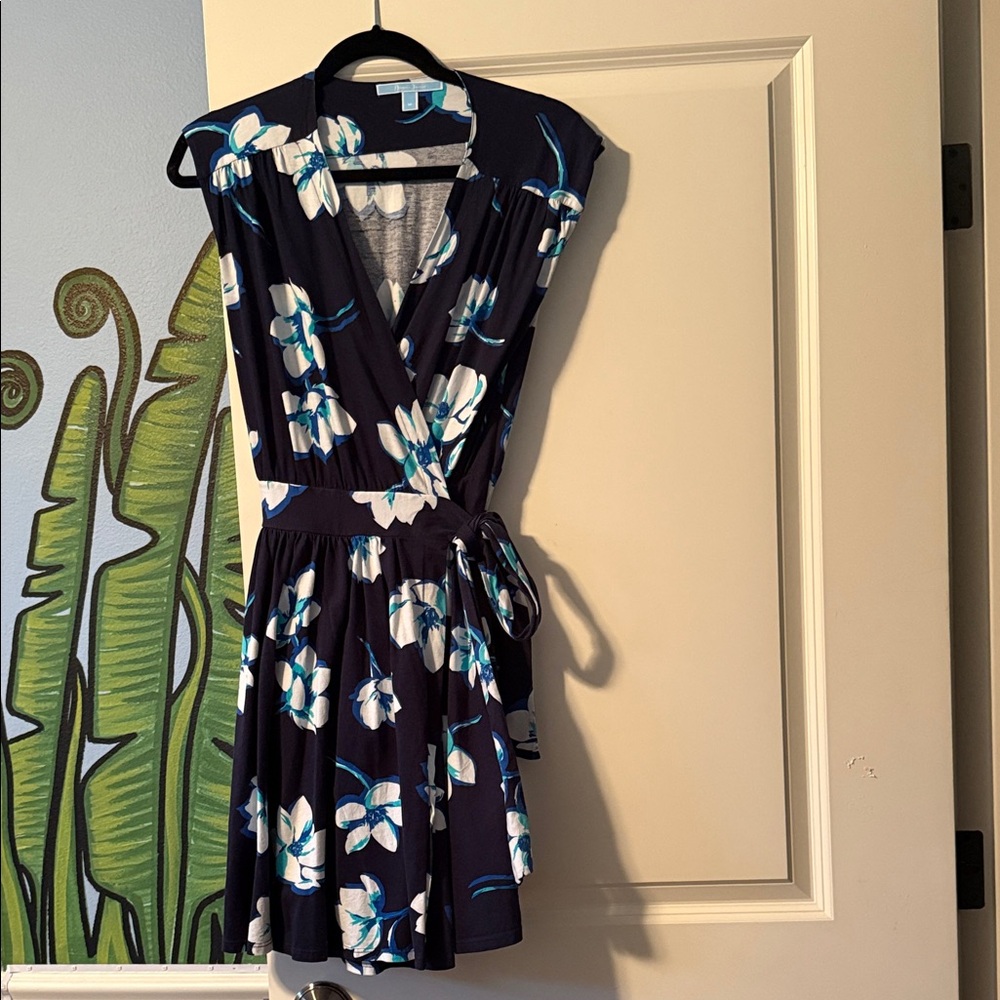 Draper James Navy Floral Wrap Dress with White and Teal Accents